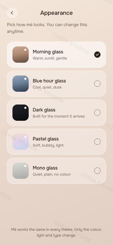 Mè app, Appearance screen with all five themes