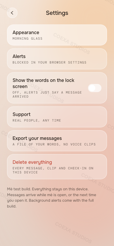 Mè app, Settings screen